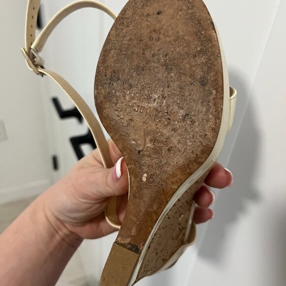 Jimmy Choo Cream Patent Leather Wedge Heel Sandals Size 35 - Picture 7 of 7